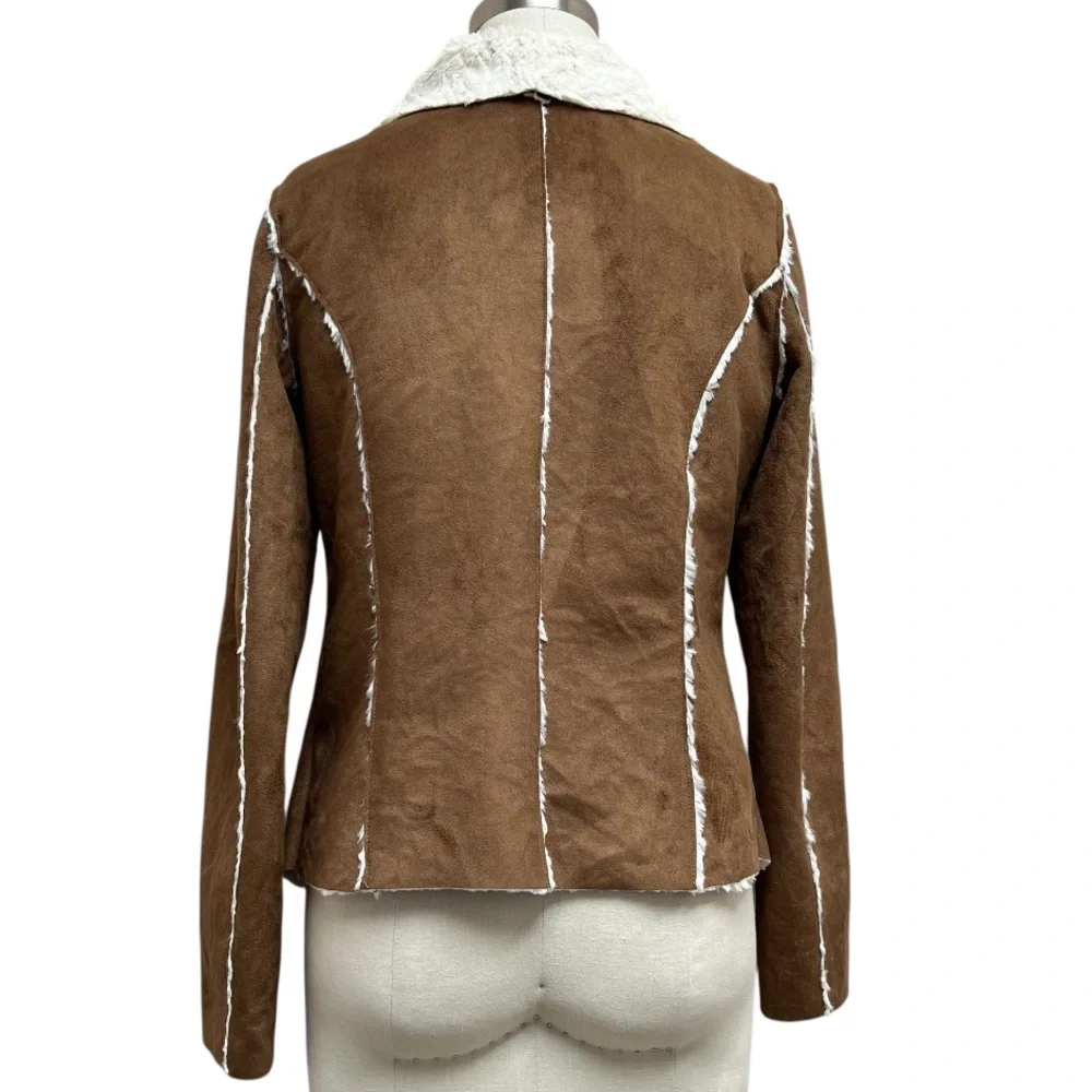 Jou Jou Shearling Coat Faux Sued Draped Collar Moto Jacket - Picture 4 of 6